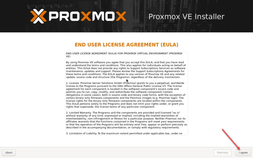 accept the eula in the proxmox install