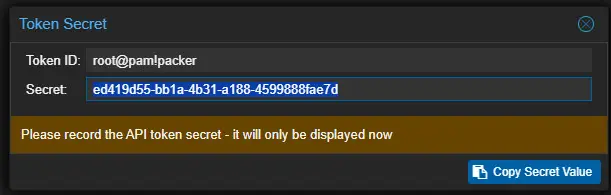 copy and record your proxmox api token 1