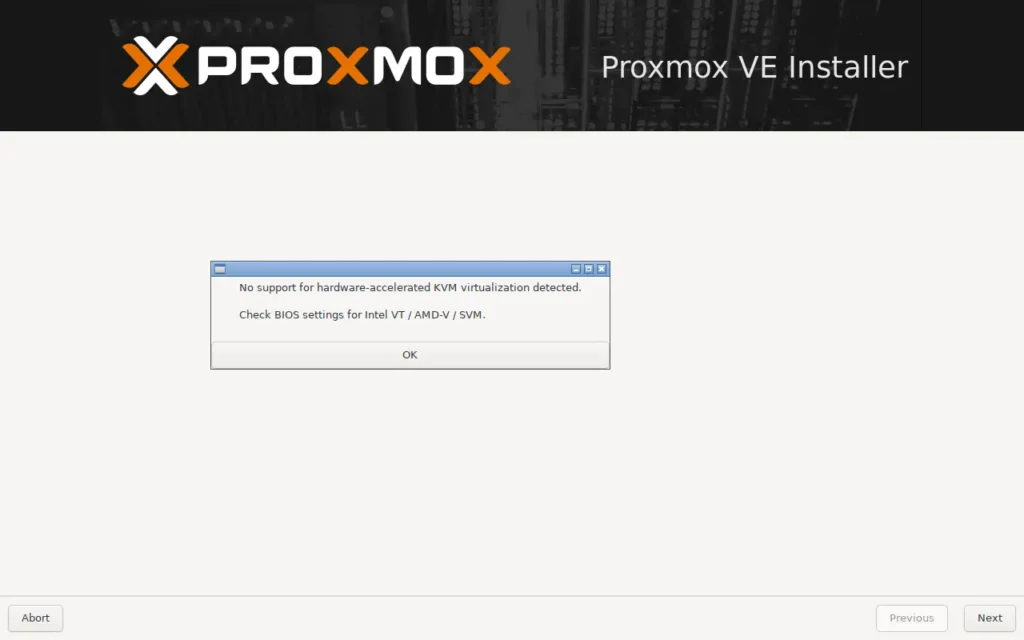 error in proxmox installation without hardware virtualization support
