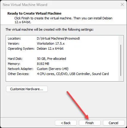 finish creating the proxmox vm