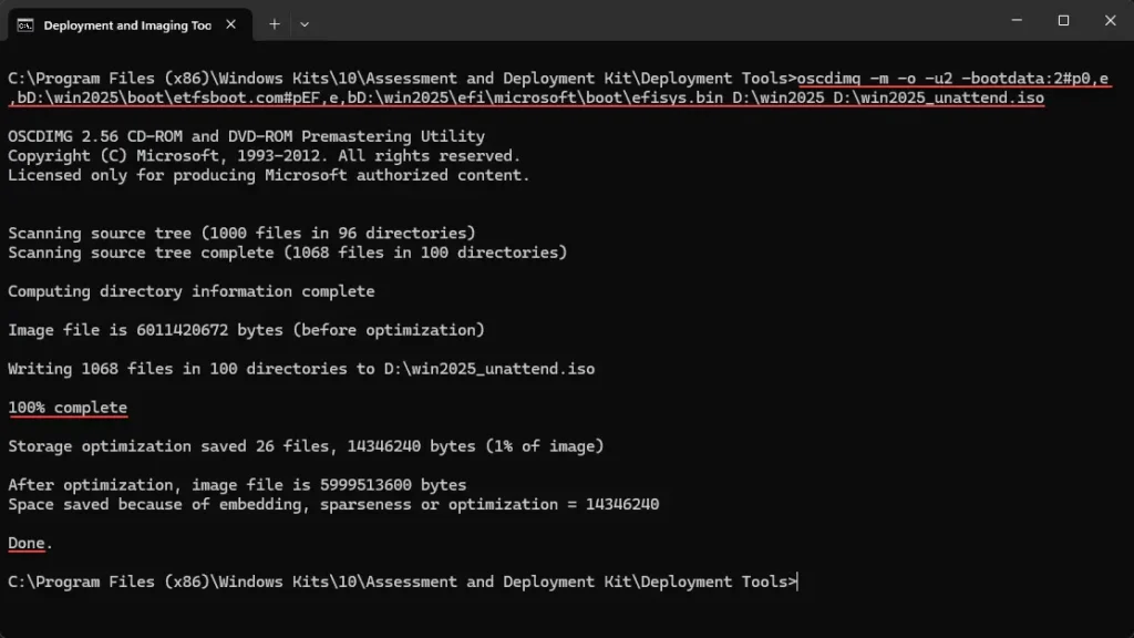 running the command to build the custom windows server 2025 iso image