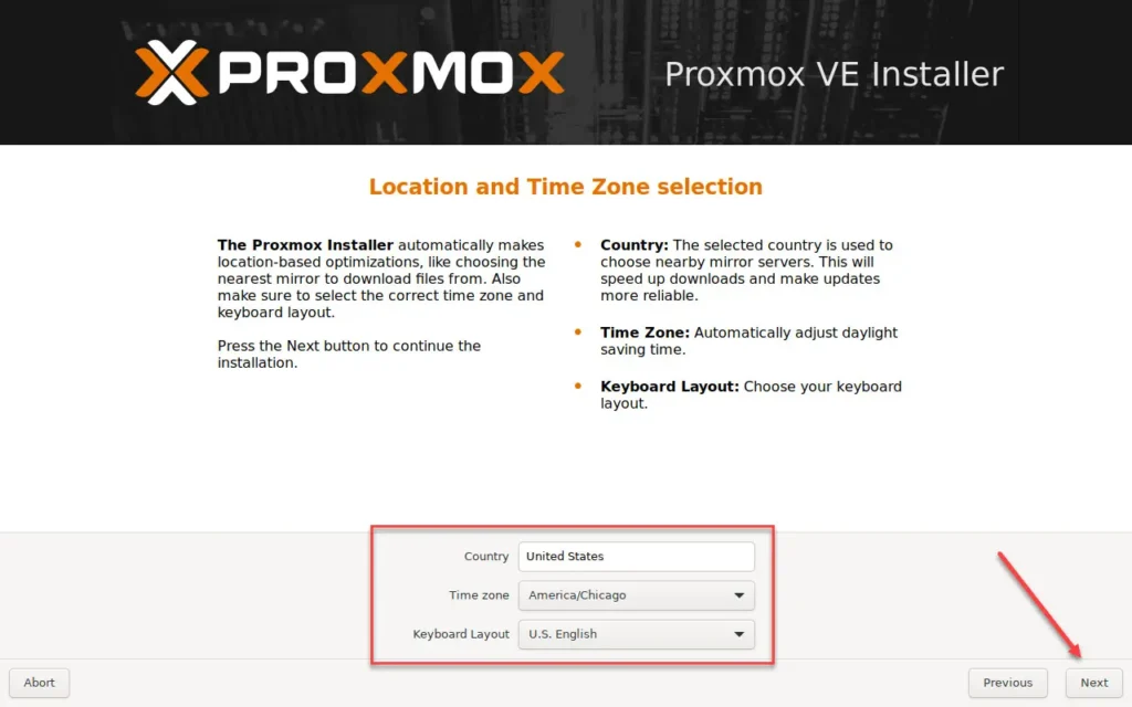 set the proxmox location and timezone