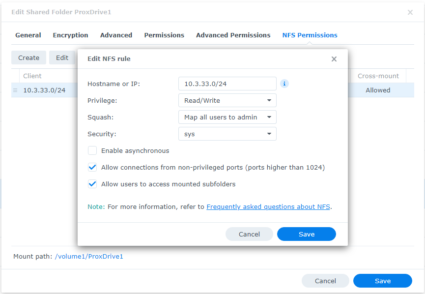 setting up an NFS rule on the shared folder