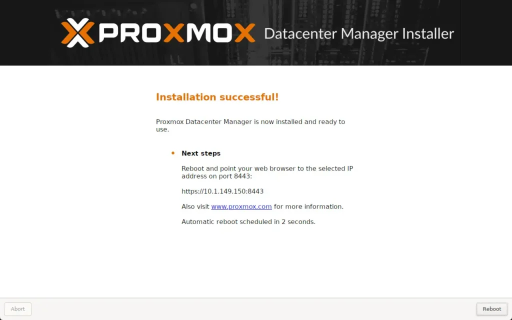 successful installation of proxmox datacenter manager