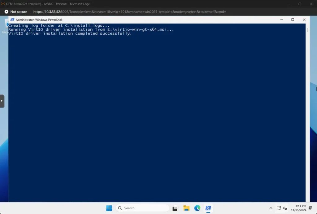 the setup.ps1 script running in the first run command stage of the proxmox packer build of windows server 2025