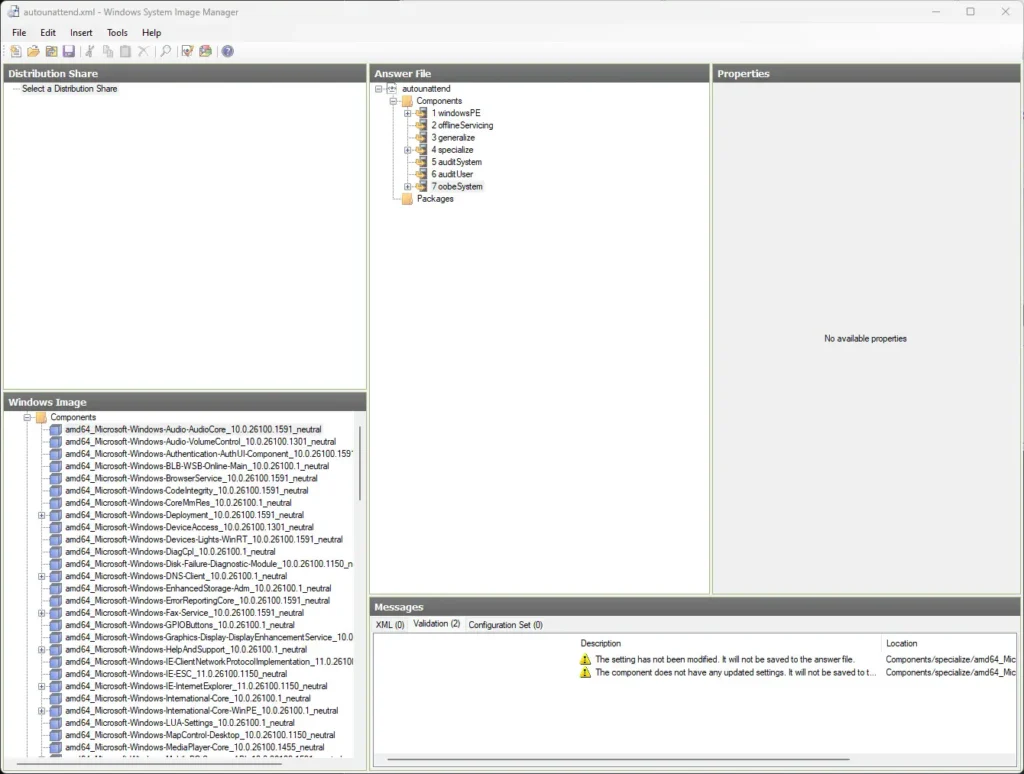 using windows system image manager for creating the answer file