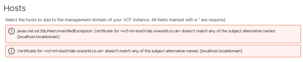 VCF Installer – Host certificate CN does not match
