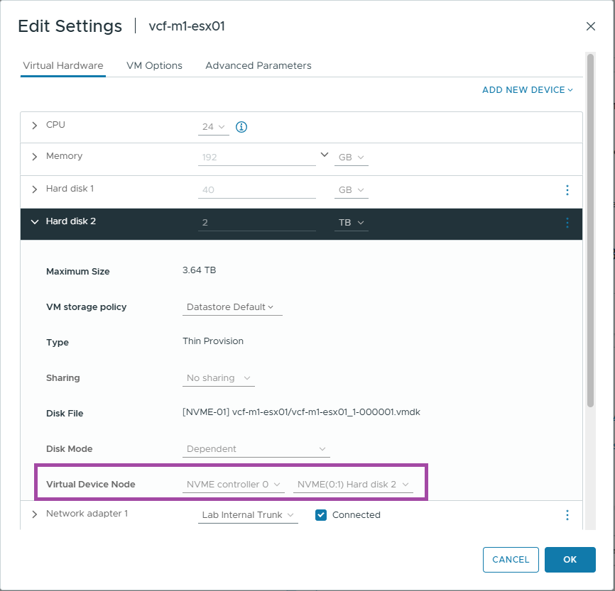 ESX 9 VM Configuration – Hard disk configuration (NVME controller)
