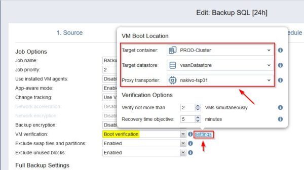 Nakivo: configure Boot Verification for VM Backups