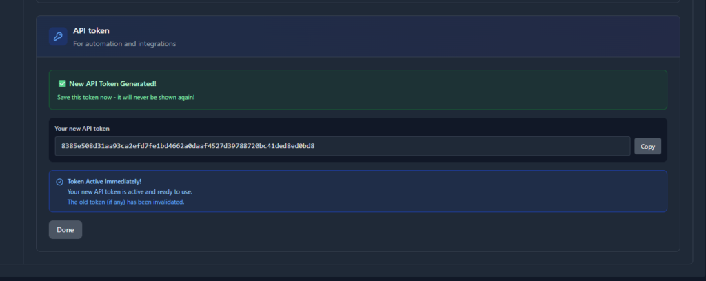 New api token generated