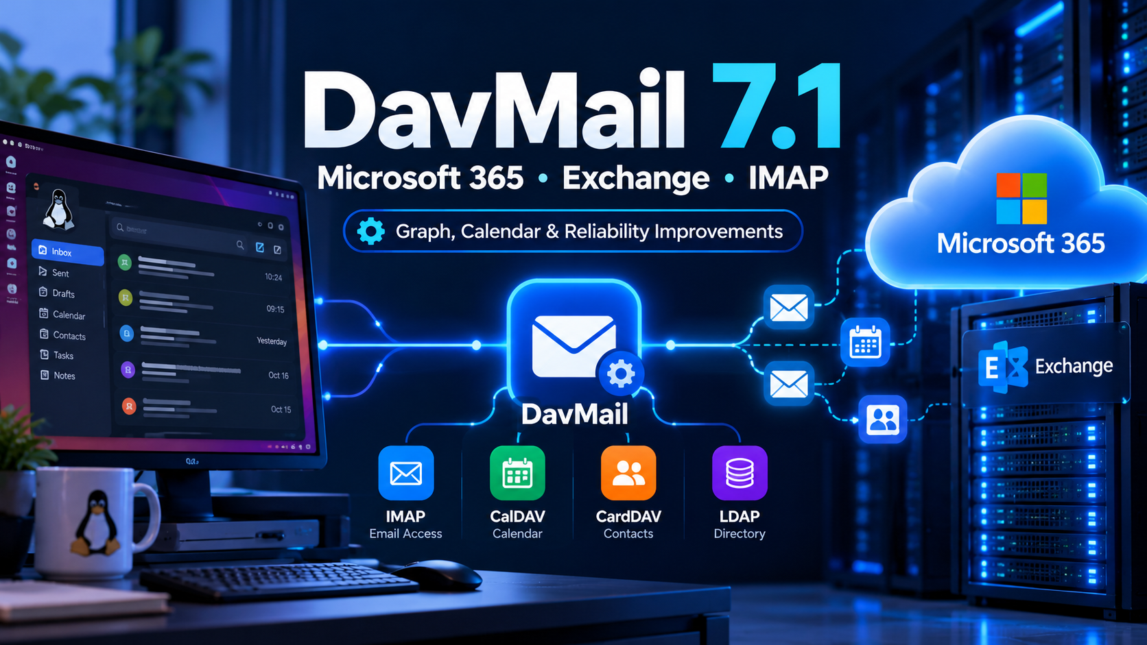 DavMail 7.1 gateway connecting Linux mail clients with Microsoft 365 and Exchange