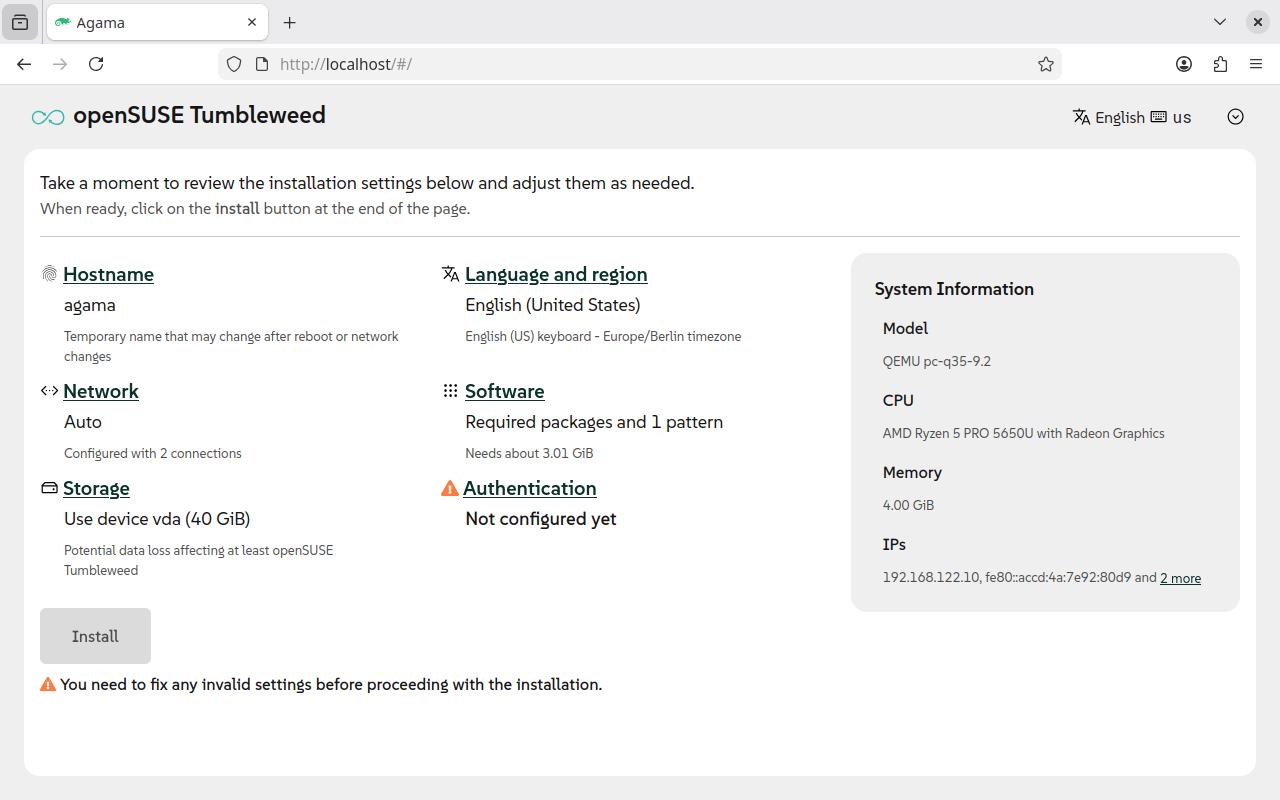 openSUSE Agama 25 Linux installer with browser-based terminal and improved network configuration