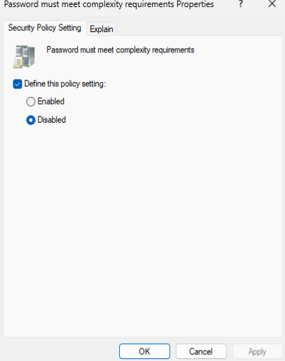 Password must meet complexity requirements policy properties in Windows Server 2022