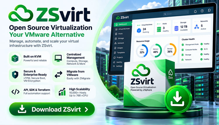 ZSvirt open-source virtualization platform illustrated with virtual machines and data center servers