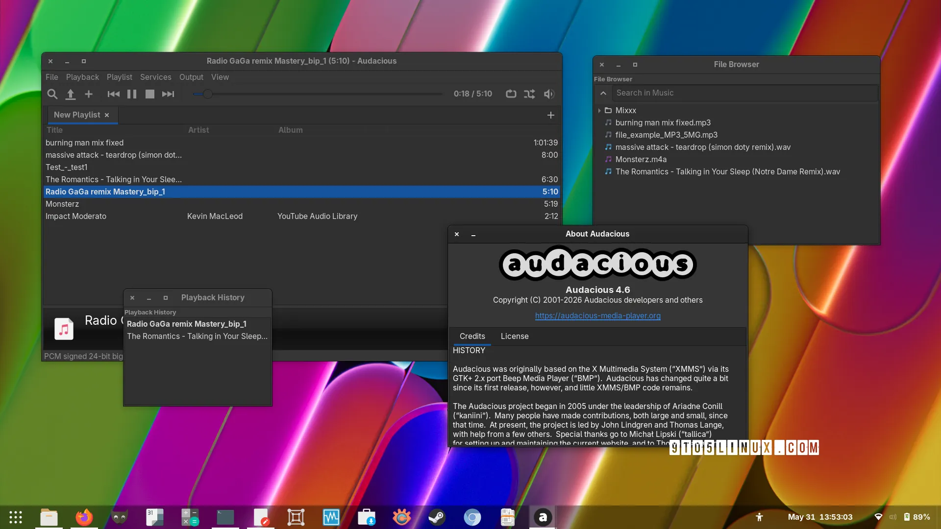 Audacious 4.6.2 open-source music player featuring its classic Winamp-style interface