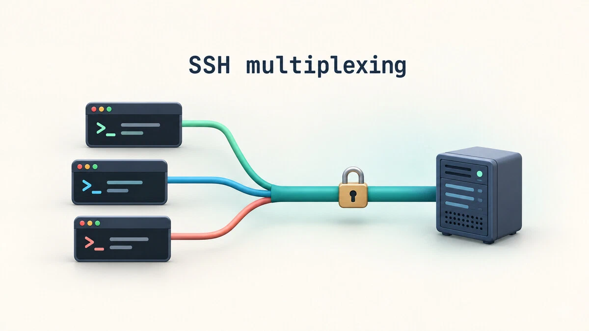 SSH multiplexing diagram showing multiple terminal sessions sharing one OpenSSH connection to a server