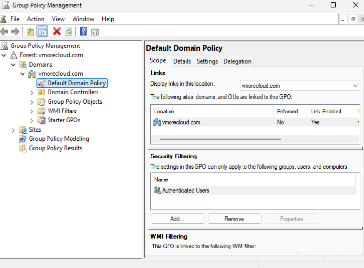 Group Policy Management console displaying an Active Directory domain