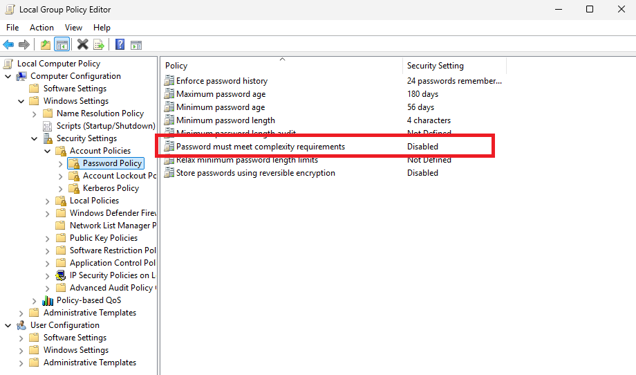 Local Group Policy Editor showing Computer Configuration, Security Settings, Account Policies, and Password Policy
