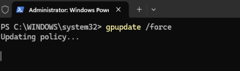 Administrator Command Prompt showing gpupdate /force completing in Windows Server 2022