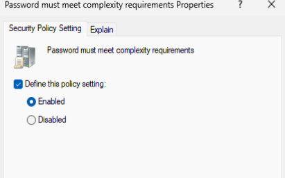 Password must meet complexity requirements set to Disabled in Windows Server 2022